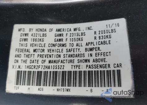 2017 Honda Accord Ex z USA, uszkodzony, nr VIN 1HGCR2F72HA105522